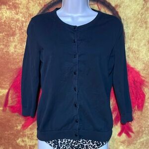 MADISON Petite-black cotton blend long sleeve full-button crew/cardigan sweater